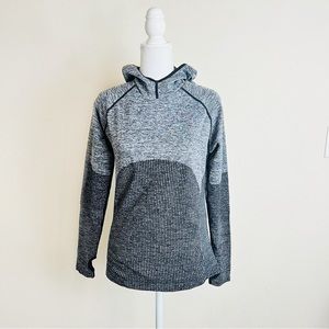 Fabletics Heather Grey & Black Contour Thumb Hole Long Sleeve Hooded Workout Top